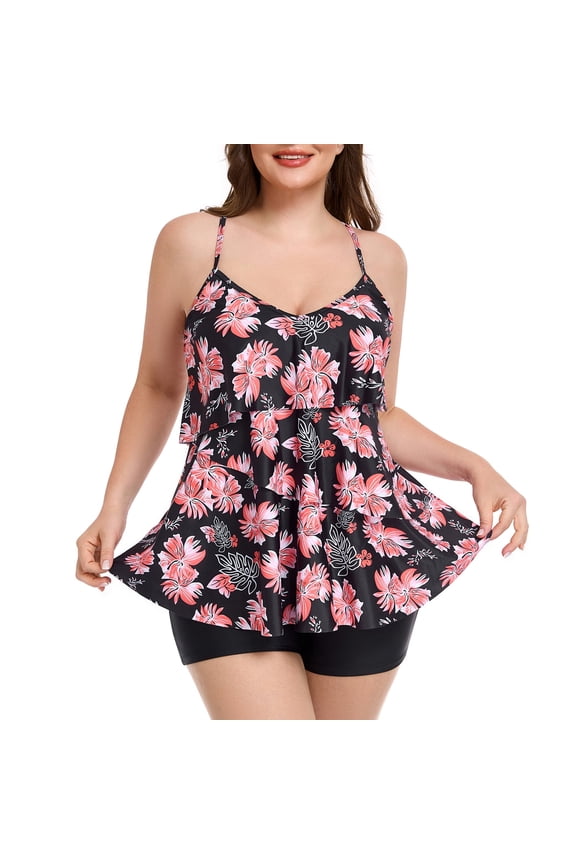 Women's Plus Size Swimsuit Set V Neck Ruffle Tankini Top with High Waisted Boyshort Two Piece Bathing Suit Size M