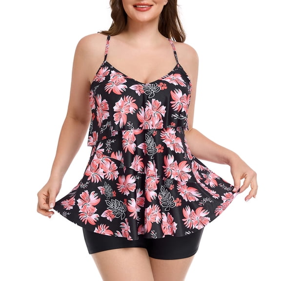 OCEAN BLUES Women's Plus Size Swimsuit Set V Neck Ruffle Tankini Top with High Waisted Boyshort Two Piece Bathing Suit Size XL