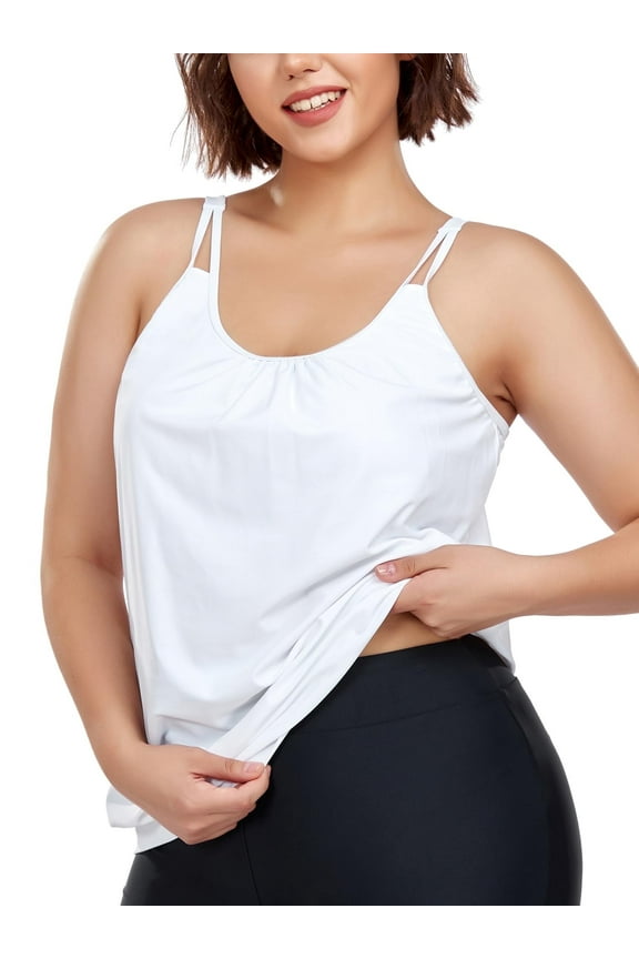 Women's Plus Size Tankinis Long Torso Swimwear Top Only Loose Fit Blouson Tankini Top Black Bathing Suit Size 4XL