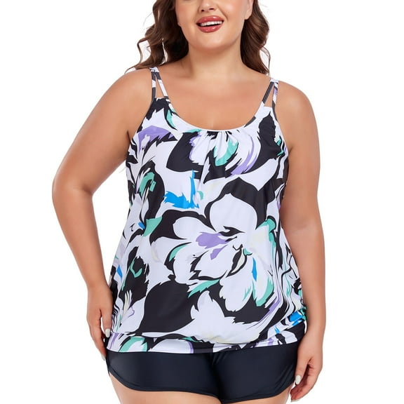 OCEAN BLUES Women's Plus Size Tankinis Long Torso Swimwear Top Only Loose Fit Blouson Tankini Top Floral Print Bathing Suit