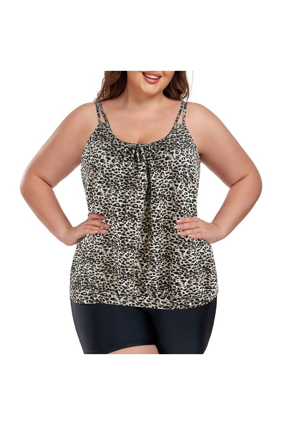 Women's Plus Size Tankinis Long Torso Swimwear Top Only Loose Fit Blouson Tankini Top Leopard Print Bathing Suit