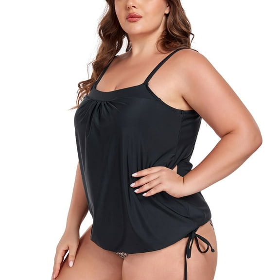 OCEAN BLUES Women's Plus Size Tankinis Square Neck Swimwear Top Only Loose Fit Blouson Tankini Top Bathing Suit, Black, Size Large