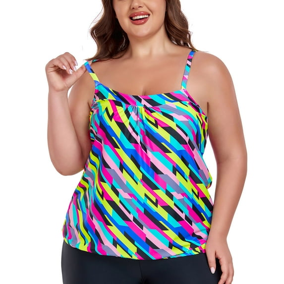 OCEAN BLUES Women's Plus Size Tankinis Square Neck Swimwear Top Only Loose Fit Blouson Tankini Top Bathing Suit, Color Block, Size XX-Large