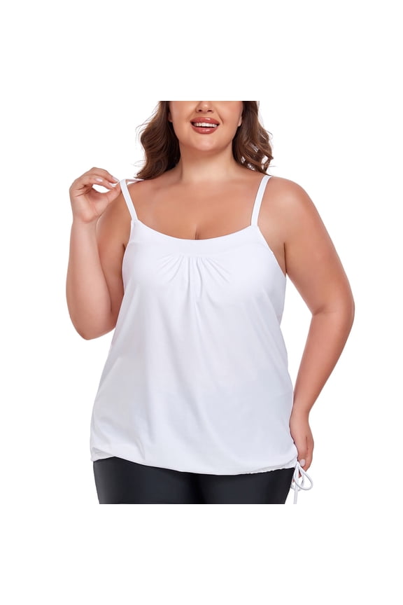 Women's Plus Size Tankinis Square Neck Swimwear Top Only Loose Fit Blouson Tankini Top Bathing Suit, White, Size Medium