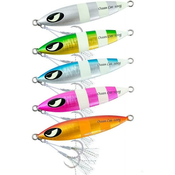OCEAN CAT Slow Fall Pitch Fishing Lures Sinking Lead Metal Flat Jigs Jigging Baits with Hook for Saltwater Fishing
