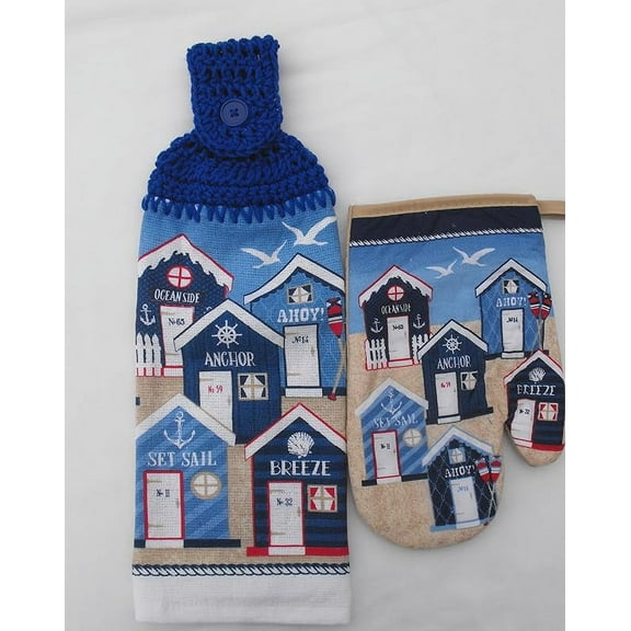 OCEAN SIDE VILLAGE - AHOY - SET SAIL - DOUBLE THICK/FULL HANDMADE HANGING KITCHEN TEA TOWEL & MATCHING OVEN MITT