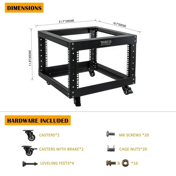 OCEANHUG 6U Open Frame Server Rack with Wheels- Heavy Duty 4 Post 19-inch Network Cabinet Black