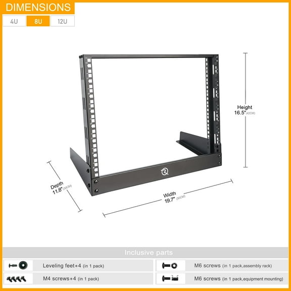 OCEANHUG 8U Network Rack Ground & Desktop 19 Inch 2 Post Open Frame with Reinforced Beam Free Standing Racks for Server Media AV IT Data
