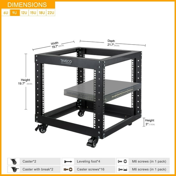 OCEANHUG 9U Open Frame Server Rack with Casters- Heavy Duty 4 Post 19-inch Network Rack Cabinet Black