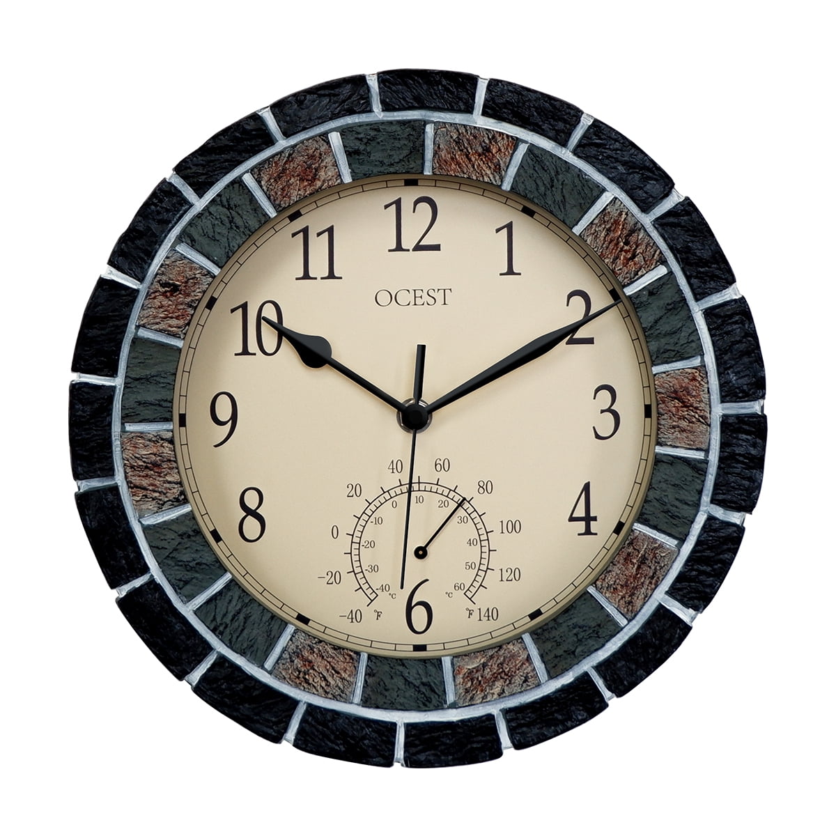 OCEST 10'' Indoor Outdoor Analog Clock with Thermometer, Waterproof