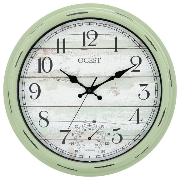 OCEST 16 Inch Large Outdoor Clock, Waterproof Retro Quartz Silent Clock with Thermometer& Hygrometer, Battery Operated Decor Clock for Patio, Pool, Fence, Porch, Garden