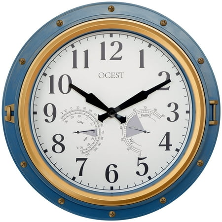 OCEST 16 Inch Large Outdoor Clock, Waterproof Retro Quartz Silent Clock with Thermometer& Hygrometer, Battery Operated Decor Clock for Patio, Pool, Fence, Porch, Garden