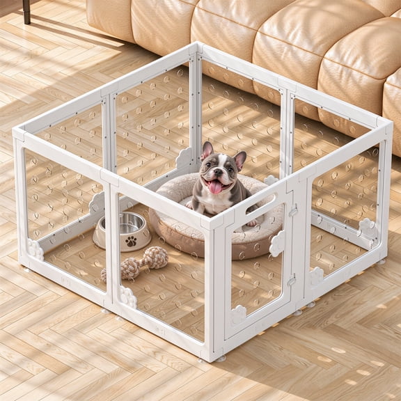 OCEYVI Clear Acrylic Dog Playpen Indoor, 8-Panel Pet Play Pen for Puppies, Cats & Rabbits, Foldable Dog Fence Crate Kennel, White(23.6" H)