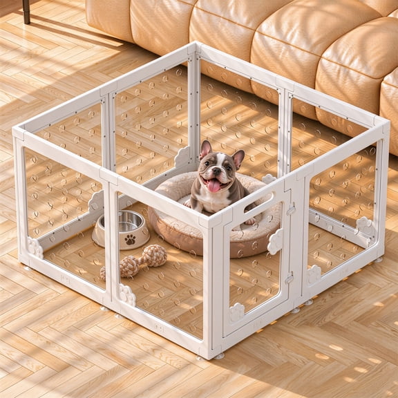 OCEYVI Clear Acrylic Dog Playpen Indoor, 8-Panel Pet Play Pen for Puppies, Cats & Rabbits, Foldable Dog Fence Crate Kennel, White(23.6" H)