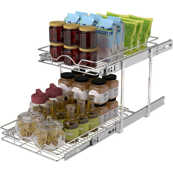 OCG 2-Tier Pull Out Cabinet Organizer(12.5"W x 18"D ) Pull Out Shelf  in Kitchen Bathroom Pantry, Chrome Finish