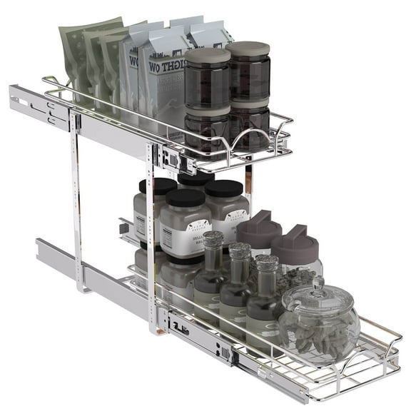 OCG 2-Tier Pull Out Cabinet Organizer Pull Out Shelf in Kitchen Bathroom Pantry (9.5"W x 21"D x 15.6"H), Chrome Finish
