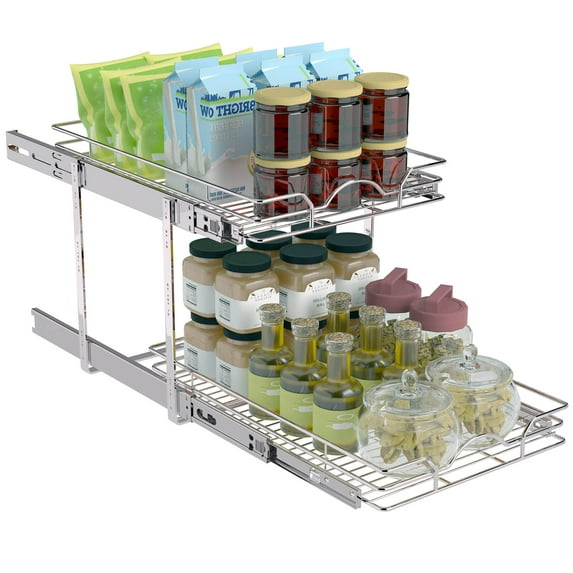 OCG 2-Tier Pull Out Cabinet Organizer in Kitchen Bathroom Pantry(15.5"W x 21"D x 15.6"H)