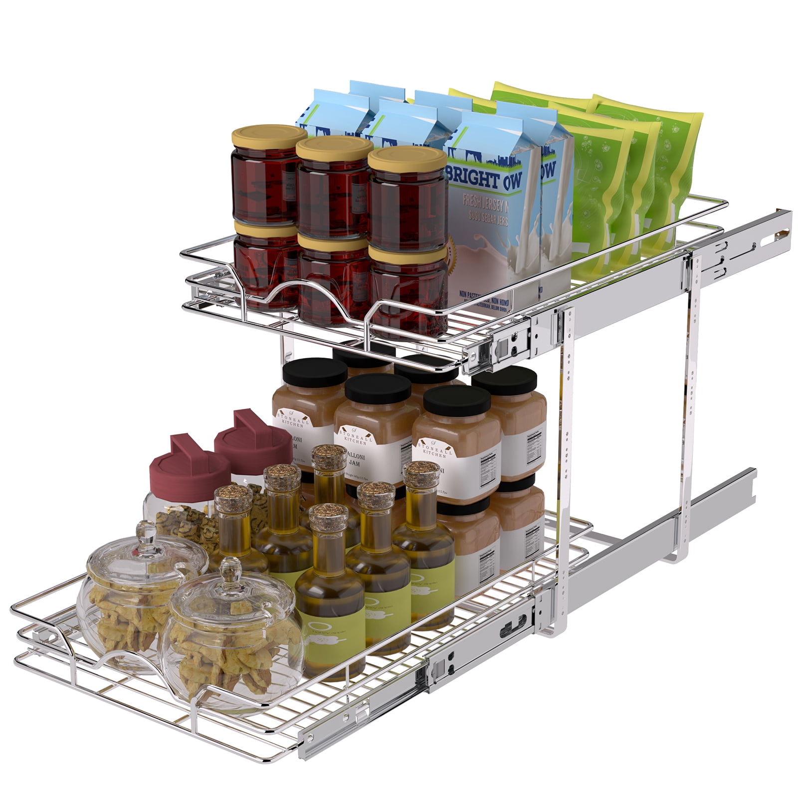 OCG 2-Tier Slide Out Drawers for Base Cabinet Organization in Kitchen Bathroom Pantry(12.5"W x 21"D x 15.6"H), Chrome Finish