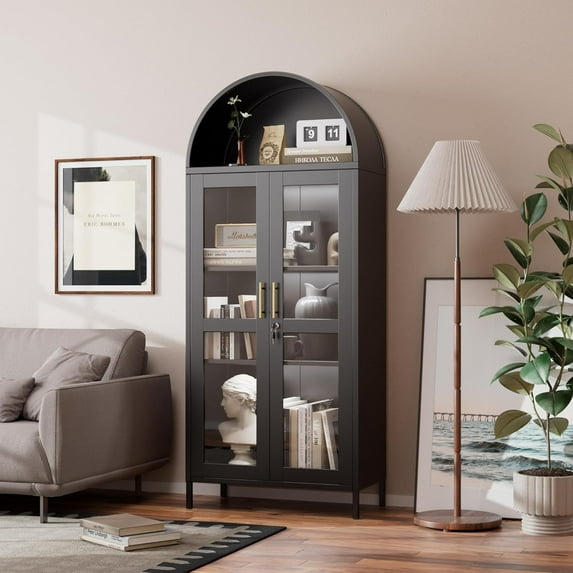 OCHAPA Modern Arch Display Cabinet with LED Lights, Glass Door Bookcase Pantry Storage for Kitchen, Living Room, Black