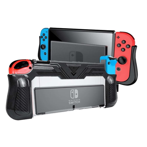 OCHIKI Protective Dockable Case with Game Card Slots for Nintendo Switch OLED, Black TPU+PC Grip Cover with Shock-Absorption and Anti-Scratch Design