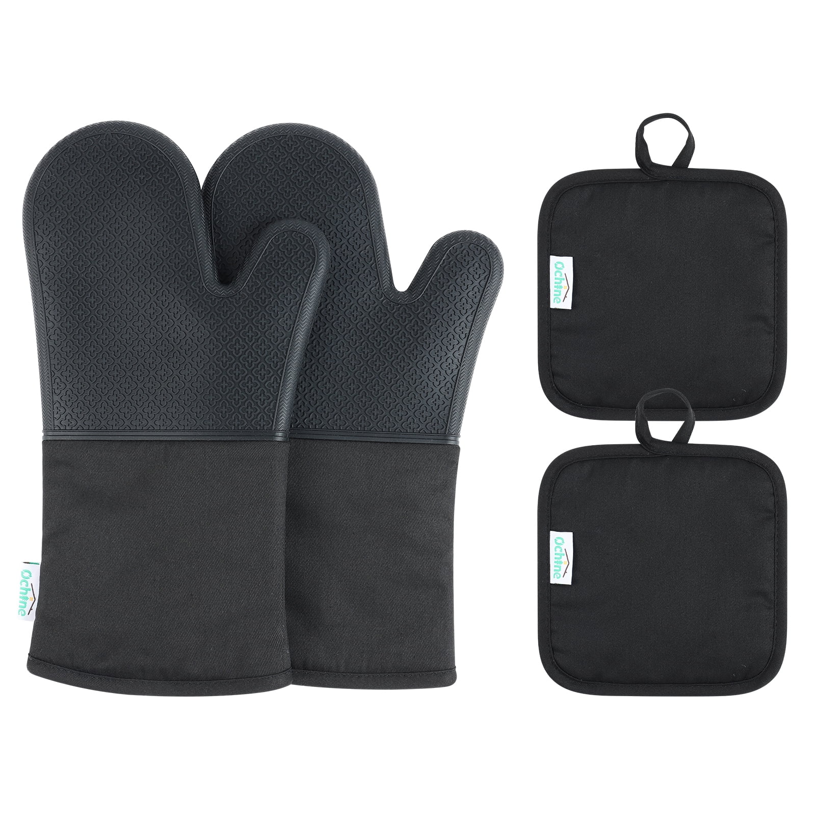 2PCS Black Professional Extra Large Silicone Oven Mitts and Pot Holders  Oven Gloves Heat Resistant Gloves Kitchen Mittens BBQ Gloves for Cooking  Grill