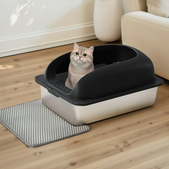OCHPAP Stainless Steel Cat Litter Box - 24" Large with High Sides & Lid, Includes Scoop & Mat, for Big Cats