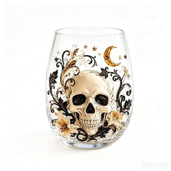 OCLUN 2D Crystal Label Halloween Stemless Glass Cup, Skull Raven Witch Hat Bat Moon Gothic Decor Tumbler, Halloween Party Beverage Drinking Glass Gift,D