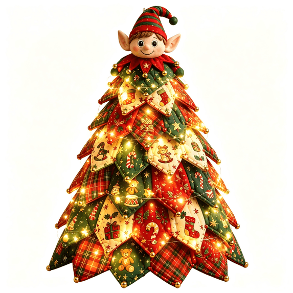 OCLUN Christmas Patchwork Quilt Tree DIY Craft Kit, Festive Tabletop Christmas Tree Decor with Removable Doll Ornaments,With Light,H