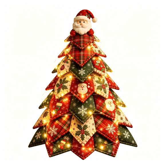 OCLUN Christmas Patchwork Quilt Tree DIY Craft Kit, Festive Tabletop Christmas Tree Decor with Removable Doll Ornaments,With Light,J