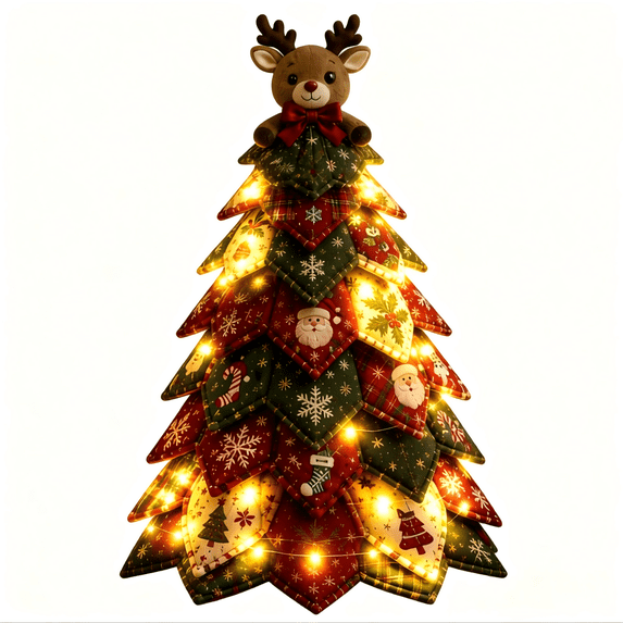 OCLUN Christmas Patchwork Quilt Tree DIY Craft Kit, Festive Tabletop Christmas Tree Decor with Removable Doll Ornaments,With Light,L