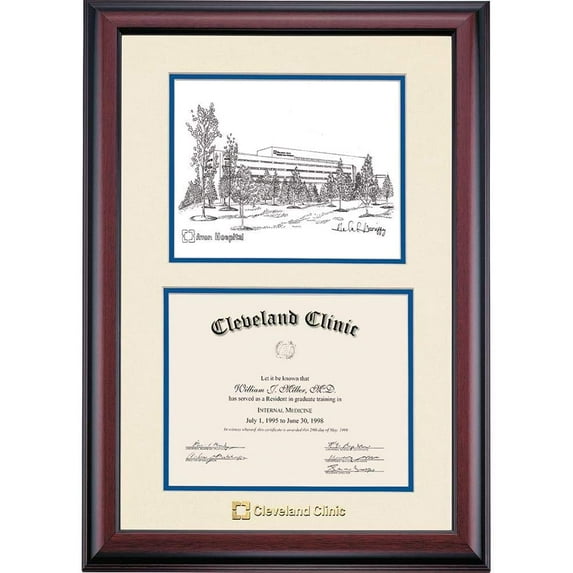 OCM Diploma Frame for Cleveland Clinic, Ivory/Royal Blue Mat with Cleveland Clinic Avon Pen & Ink, 24" x 17"