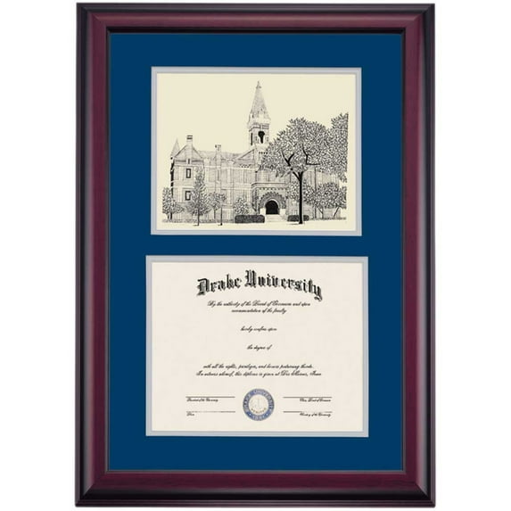 OCM Diploma Frame for Drake University, Navy/Gray Mat with Old Main Pen & Ink, 24" x 17"