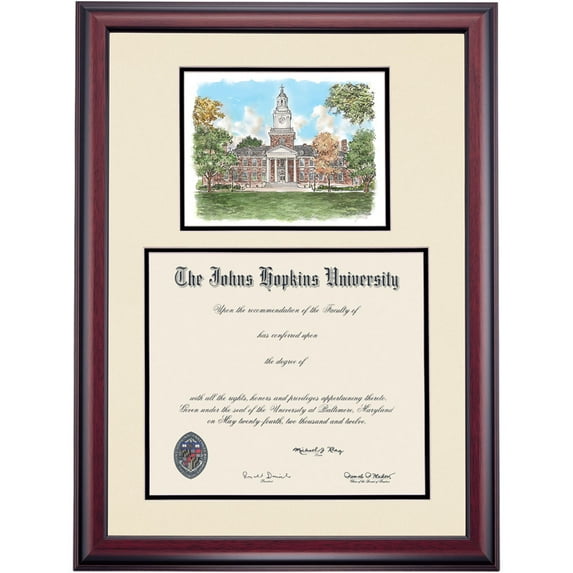 OCM Diploma Frame for Johns Hopkins University JHU, Ivory/Black Mat with Gilman Hall Watercolor, 30" x 22"