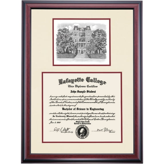 OCM Diploma Frame for Lafayette College, Ivory/Maroon Mat with Pardee Hall Pen & Ink, 27" x 20"