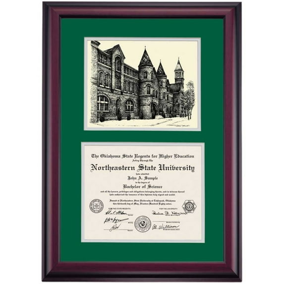 OCM Diploma Frame for Northeastern State University, Hunter Green/Gray Mat with Seminary Hall Pen & Ink, 24" x 17"