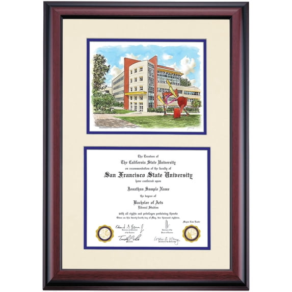 OCM Diploma Frame for San Francisco State University, Ivory/Purple Mat with Burk Hall Watercolor, 24" x 17"