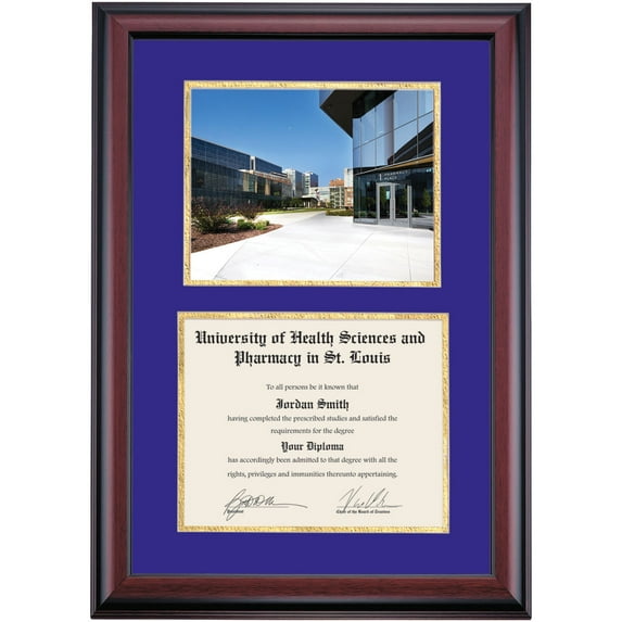 OCM Diploma Frame for St. Louis College of Pharmacy, Purple/Gold Mat with Pharmacy Place Photograph, 24" x 17"