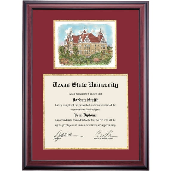 OCM Diploma Frame for Texas State University TSU, Maroon/Gold Mat with Old Main Watercolor, 27" x 20"