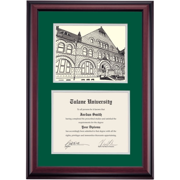 OCM Diploma Frame for Tulane University TU, Hunter Green/Gray Mat with Gibson Hall Pen & Ink, 24" x 17"