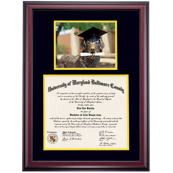OCM Diploma Frame for U of Maryland, Baltimore County UMBC, Black/Yellow Mat with True Grit Statue Photograph, 27" x 20"