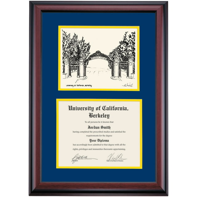OCM Diploma Frame for UC Berkeley Cal, Navy/Yellow Mat with Sather Gate Pen & Ink, 24" x 17"