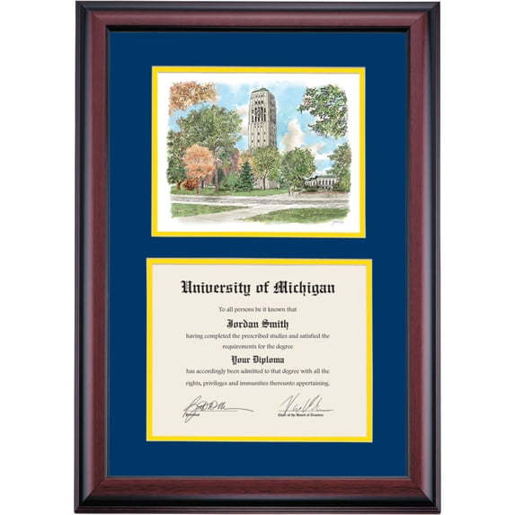 OCM Diploma Frame for University of Michigan UMich, Navy/Yellow Mat with Burton Tower Watercolor, 24" x 17"