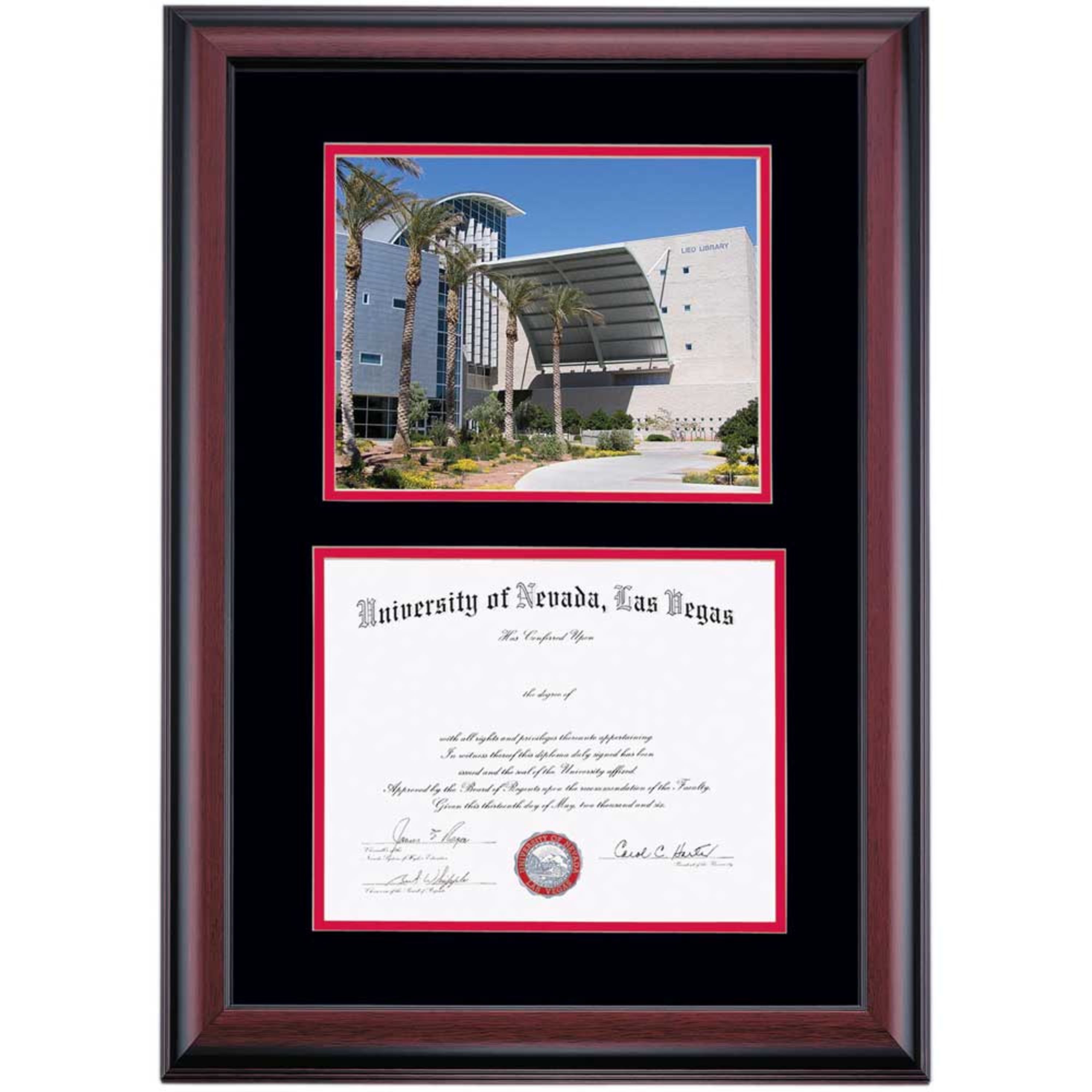 OCM Diploma Frame for University of Nevada, Las Vegas UNLV, Black/Cherry Mat with Lied Library Photograph, 24" x 17" - image 1 of 5