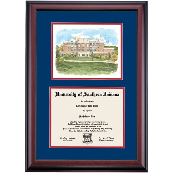 OCM Diploma Frame for University of Southern Indiana, Navy/Cherry Mat with Rice Library Watercolor, 24" x 17"