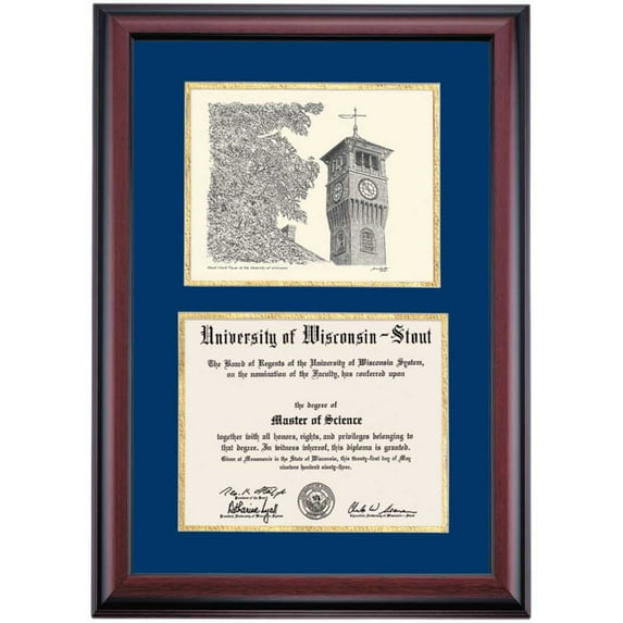 OCM Diploma Frame for University of Wisconsin-Stout, Navy/Gold Mat with Stout Clock Tower Pen & Ink, 24" x 17"