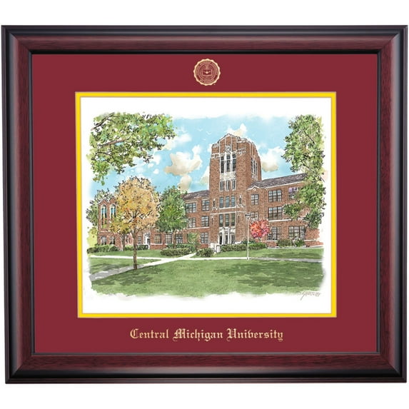 OCM Prestige Framed Artwork for Central Michigan University | Warriner Hall Watercolor with Embossed Maroon/Yellow Mat, 16" x 18"