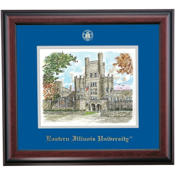 OCM Prestige Framed Artwork for Eastern Illinois University | Old Main Watercolor with Embossed Royal Blue/Gray Mat, 16" x 18"