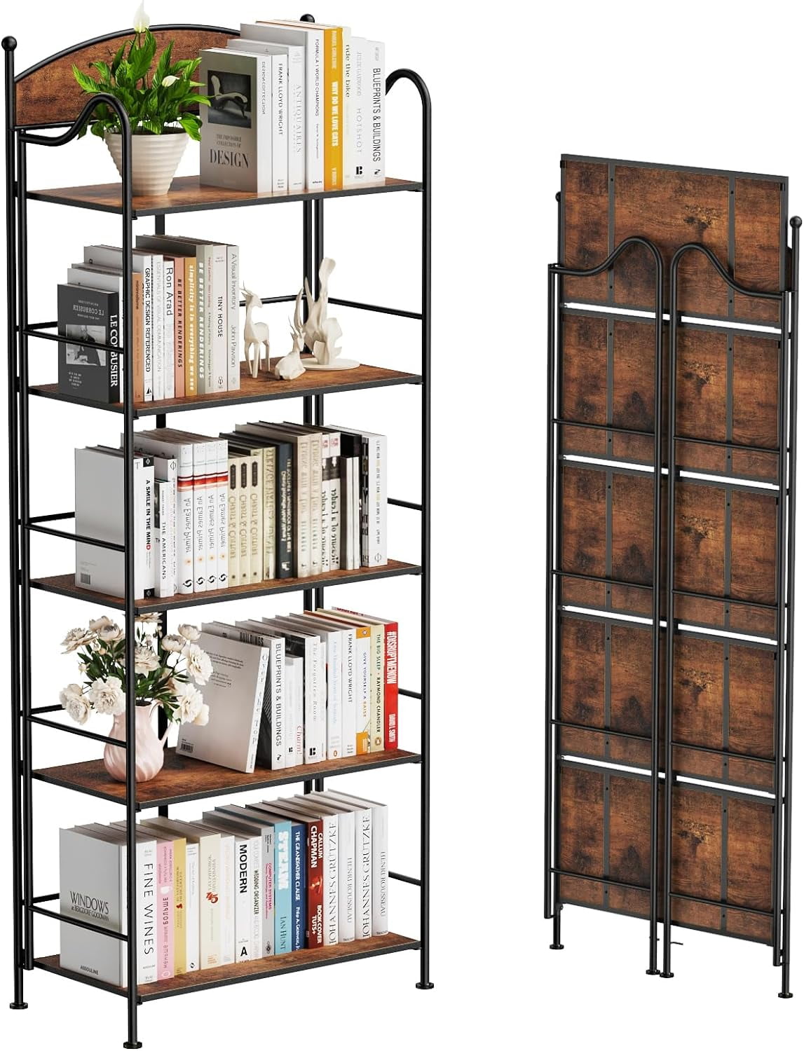 OCTORO No Assembly Folding Bookshelf, 5 Tier Vintage Organizer Display