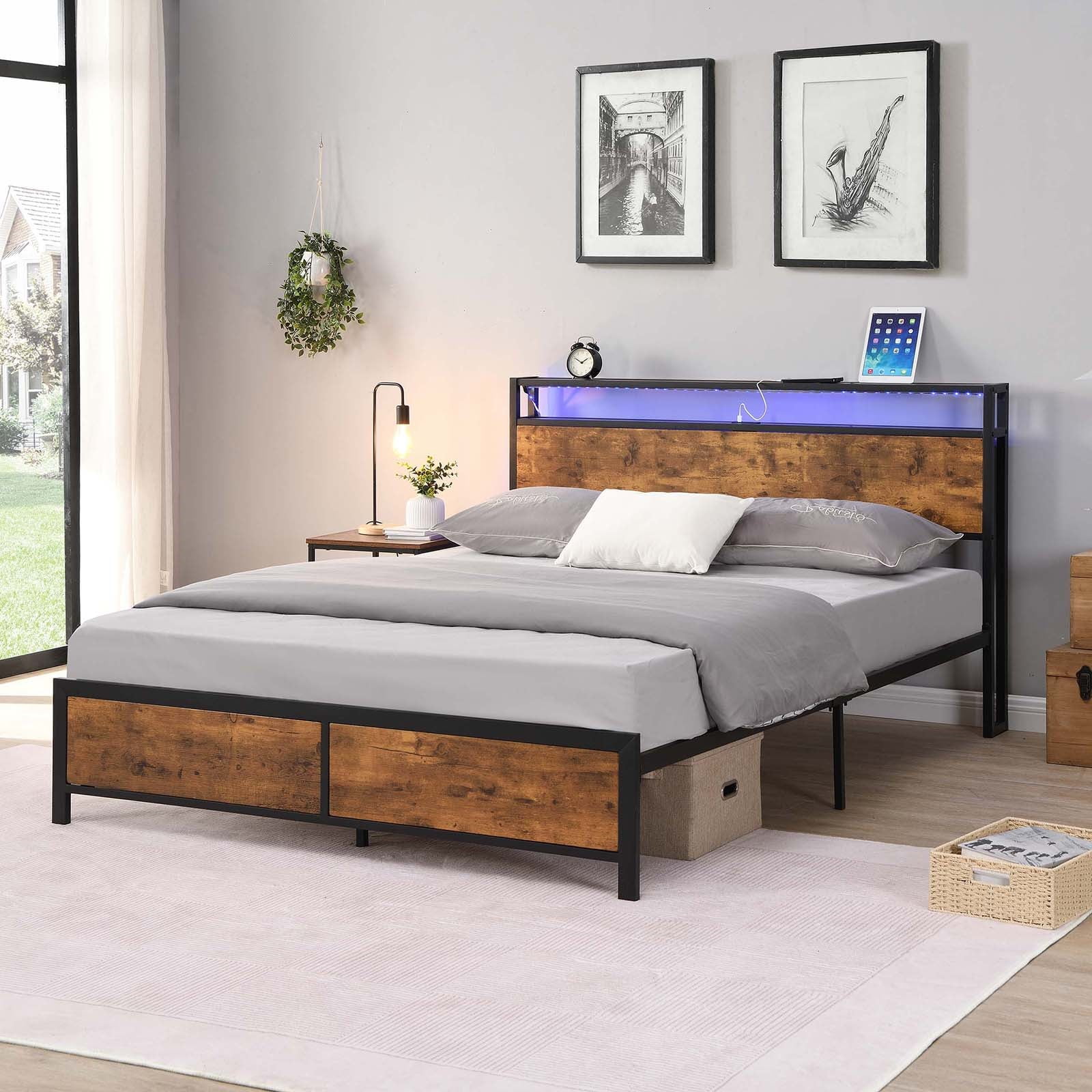 OCYCLONE Bed Frame with LED lights&USB Charging Ports, Queen Size