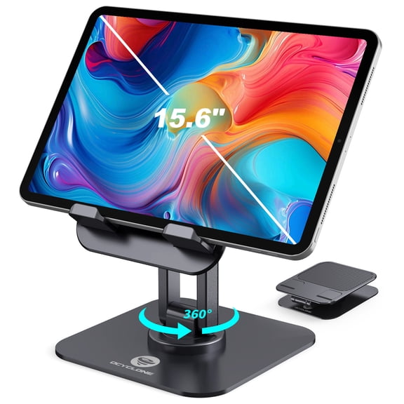 OCYCLONE Cell Phone Stand for Desk, 360° Rotating Metal Base, Foldable Portable Holder Anti-Slip, Fits 4-15.6" iPhone, Pad, Samsung, for Streaming, Recording, Watching - Black